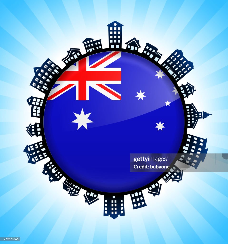 Australian Flag on Rural Cityscape Skyline Background