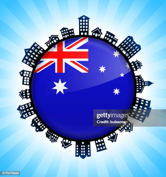 australian flag on rural cityscape skyline background - housing development australia stock illustrations