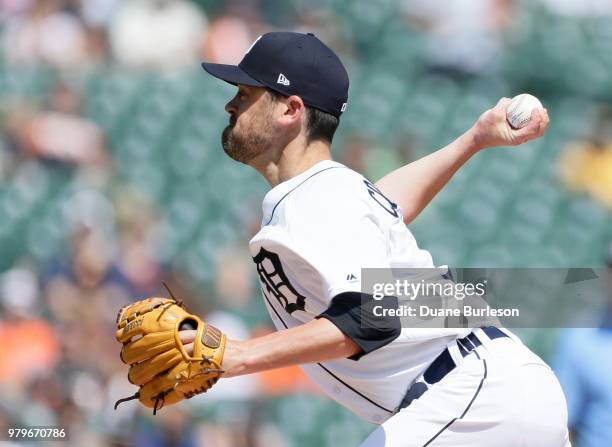 Louis Coleman of the Detroit Tigers pitches against the Los Angeles Angels during the ninth inning at Comerica Park on May 31, 2018 in Detroit,...