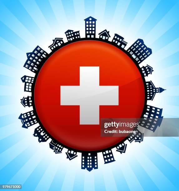 schweizer flagge auf ländlichen stadtbild skyline hintergrund - strasse schweiz stock-grafiken, -clipart, -cartoons und -symbole
