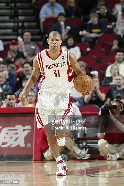 Shane Battier of the Houston Rockets moves the ball against the Sacramento Kings during the game on March 3, 2010 at the Toyota Center in Houston,...