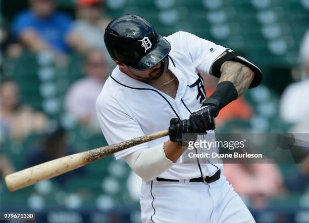 Nicholas Castellanos of the Detroit Tigers bats against the Los Angeles Angels at Comerica Park on May 31, 2018 in Detroit, Michigan.