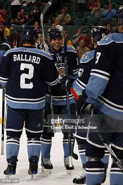 Cory Stillman of the Florida Panthers celebrates a goal with teammates against the Tampa Bay Lightning at the BankAtlantic Center on March 21, 2010...