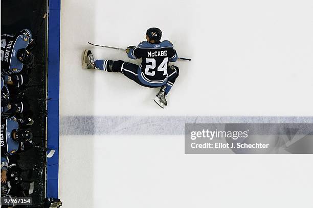 Bryan McCabe of the Florida Panthers stretches on the ice the Tampa Bay Lightning at the BankAtlantic Center on March 21, 2010 in Sunrise, Florida.