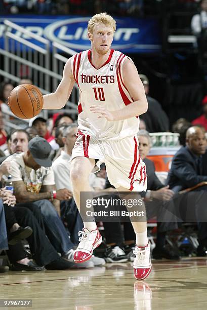 Chase Budinger of the Houston Rockets moves the ball against the Sacramento Kings during the game on March 3, 2010 at the Toyota Center in Houston,...