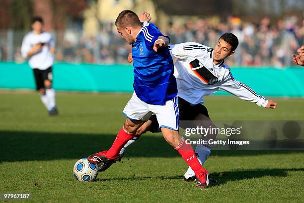 Yunus Malli of Germany battles for the ball during the U18 international friendly match between Germany and France at the Arena Oldenburger...
