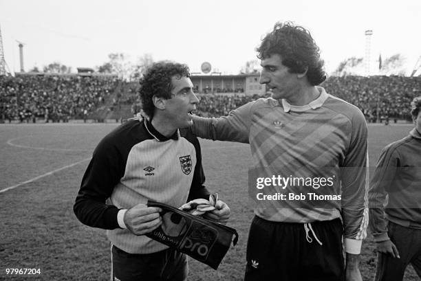 England goalkeeper Peter Shilton with his Romanian counterpart Silviu Lung after the Romania v England World Cup Qualifying match played in...