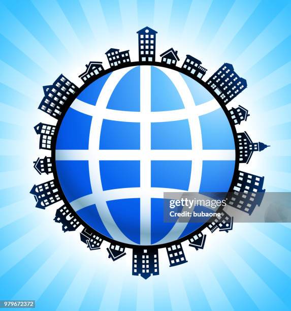 blue globe wireframe on rural cityscape skyline background - building wireframe stock illustrations