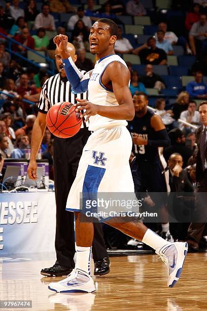 John Wall of the Kentucky Wildcats drives the ball against the East Tennessee State Buccaneers during the first round of the 2010 NCAA men's...