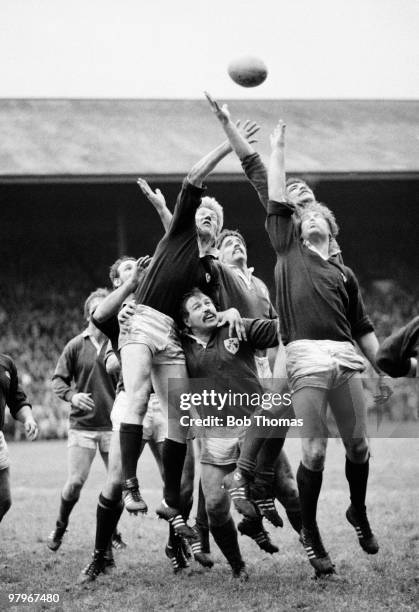 John Jeffrey and Alister Campbell of Scotland contest the line-out with Donal Lenihan and Phil Orr of Ireland during the Scotland v Ireland Rugby...