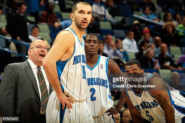 Peja Stojakovic of the New Orleans Hornets reacts to a call against the Golden State Warriors at New Orleans Arena on March 8, 2010 in New Orleans,...