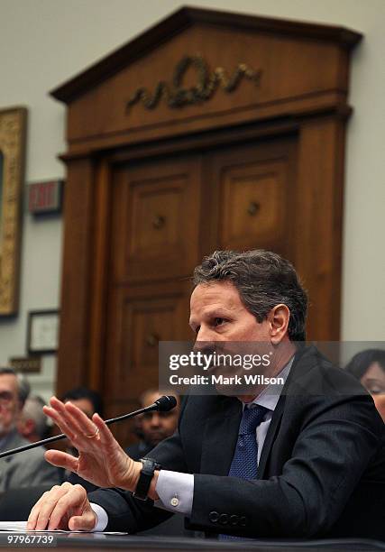 Treasury Secretary Timothy Geithner testifies during a House Financial Services Committee hearing on Capitol Hill on March 23, 2010 in Washington,...