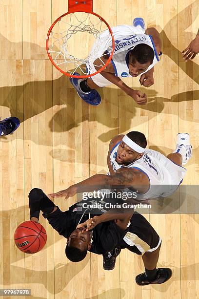 Al-Farouq Aminu of the Wake Forest Demon Deacons shoots the ball over DeMarcus Cousins of the Kentucky Wildcats during the second round of the 2010...