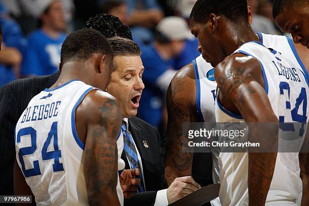 Head coach John Calipari of the Kentucky Wildcats talks with his team during the second round of the 2010 NCAA men's basketball tournament at the New...