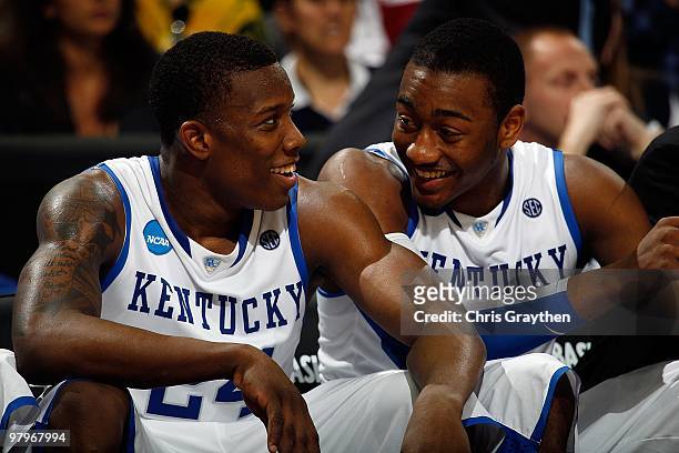 Eric Bledsoe and John Wall of the Kentucky Wildcats laugh during the second round of the 2010 NCAA men's basketball tournament at the New Orleans...