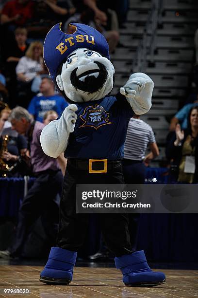 The mascot of the East Tennessee State Buccaneers performs during the first round of the 2010 NCAA men's basketball tournament at the New Orleans...