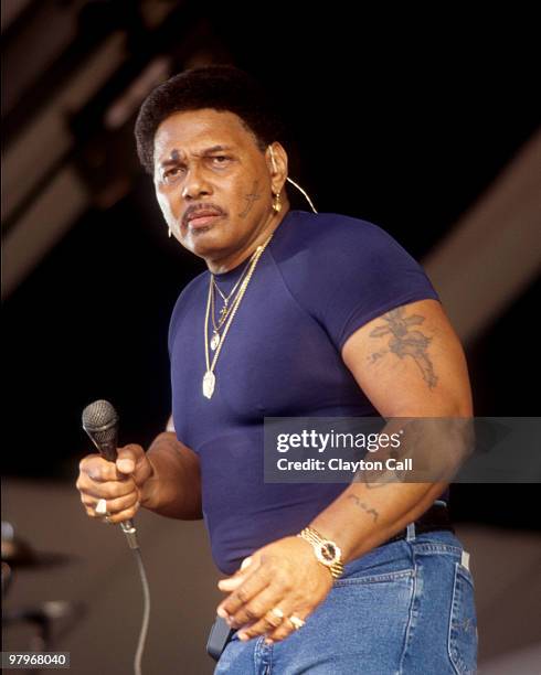 Aaron Neville performing with the Neville Brothers at the New Orleans Jazz & Heritage Festival on May 03, 1998