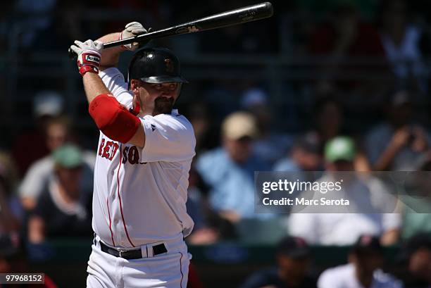 Kevin Youkilis of the Boston Red Sox bats against the Baltimore Orioles on March 20, 2010 in Fort Myers, Florida.
