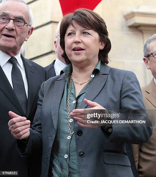 French Socialist Party first secretary Martine Aubry arrives for a meeting with the newly elected socialist presidents of French regions on March 23,...