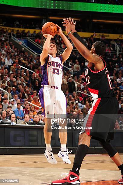 Steve Nash of the Phoenix Suns takes a jump shot against LaMarcus Aldridge of the Portland Trail Blazers during the game on February 10, 2010 at U.S....