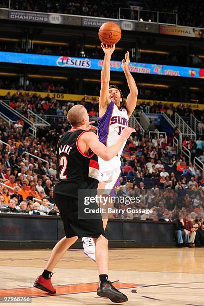 Steve Nash of the Phoenix Suns takes a jump shot against Steve Blake of the Portland Trail Blazers during the game on February 10, 2010 at U.S....