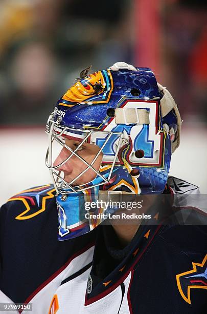 Ondrej Pavelec of the Atlanta Thrashers looks on prior to a face-off against the Philadelphia Flyers on March 21, 2010 at the Wachovia Center in...