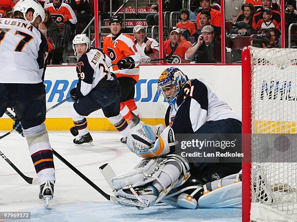 Pavel Kubina, Tobias Enstrom and Ondrej Pavelec of the Atlanta Thrashers all stop a shot on goal by Mike Richards of the Philadelphia Flyers on March...