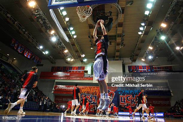 Stanko Barac, #42 of Caja Laboral at warm up during the Euroleague Basketball 2009-2010 Play Off Game 1 between CSKA Moscow vs Caja Laboral at...