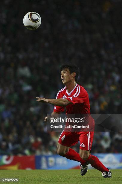 North Korea's midfielder Pak Nam-Chol in action during an international friendly match between Mexico and North Korea as part of both team's...