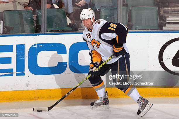 Tim Connolly of the Buffalo Sabres skates with the puck against the Florida Panthers at the BankAtlantic Center on March 20, 2010 in Sunrise, Florida.