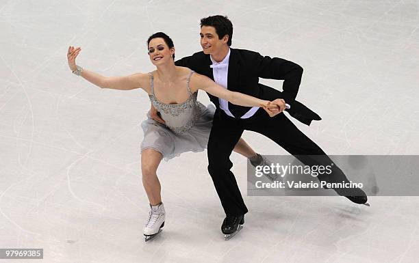 Tessa Virtue and Scott Moir of Canada compete in the Ice Dance Compulsory Dance during the 2010 ISU World Figure Skating Championships on March 23,...