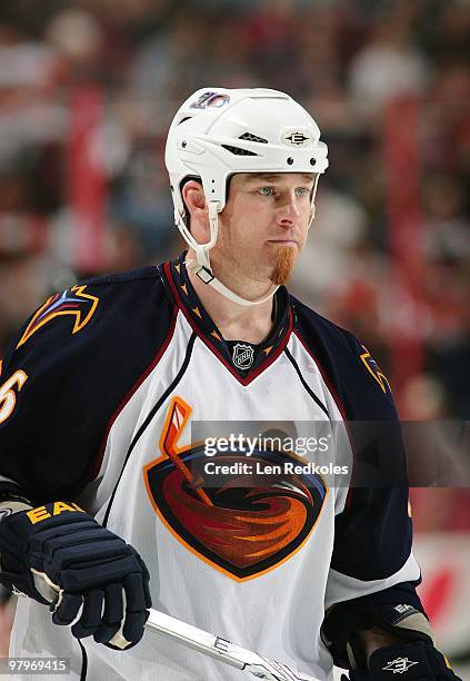 Eric Boulton of the Atlanta Thrashers looks on during a stoppage in play against the Philadelphia Flyers on March 21, 2010 at the Wachovia Center in...