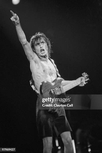 Angus Young from AC/DC performs live on stage at the Cow Palace in San Francisco on February 16, 1982