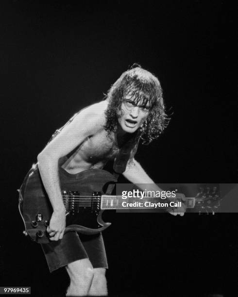 Angus Young from AC/DC performs live on stage at the Cow Palace in San Francisco on February 16, 1982