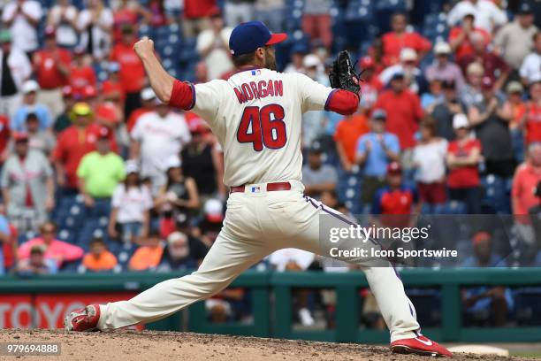 Philadelphia Phillies Pitcher Adam Morgan throws a pitch during a Major League Baseball game between the St. Louis Cardinals and the Philadelphia...