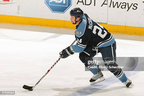 Bryan McCabe of the Florida Panthers skates with the puck against he Buffalo Sabres at the BankAtlantic Center on March 20, 2010 in Sunrise, Florida.