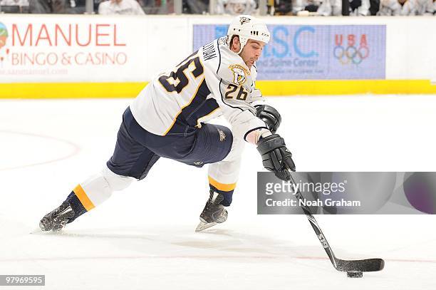 Steve Sullivan of the Nashville Predators skates with the puck against the Los Angeles Kings on March 14, 2010 at Staples Center in Los Angeles,...