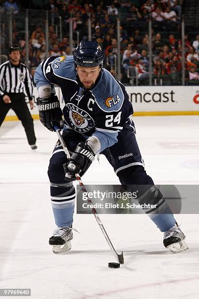 Bryan McCabe of the Florida Panthers skates with the puck against the Buffalo Sabres at the BankAtlantic Center on March 20, 2010 in Sunrise, Florida.