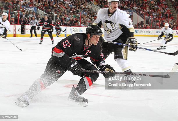 Eric Staal of the Carolina Hurricanes stops hard for position on the ice during a NHL game against the Pittsburgh Penguins on March 11, 2010 at RBC...