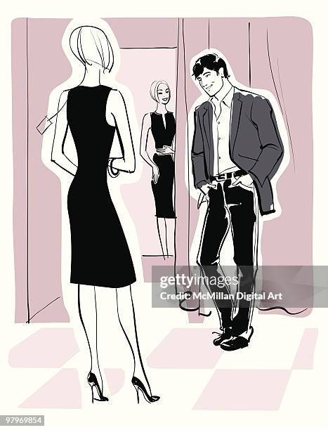 man and woman shopping, woman trying on dress - hands in pockets vector stock illustrations