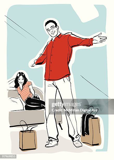 stockillustraties, clipart, cartoons en iconen met man standing beside shopping bags, arms outstretched - driekwartlengte