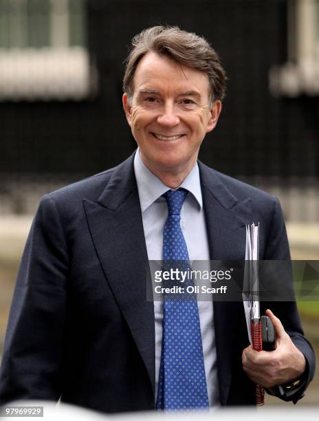 Lord Mandelson leaves Number 10 Downing Street on March 23, 2010 in London, England. Alistair Darling, the Chancellor of the Exchequer, is due to...