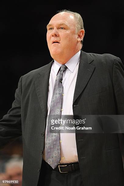 Head coach George Karl of the Denver Nuggets looks on from the sideline during the game against the Los Angeles Lakers on February 5, 2010 at Staples...
