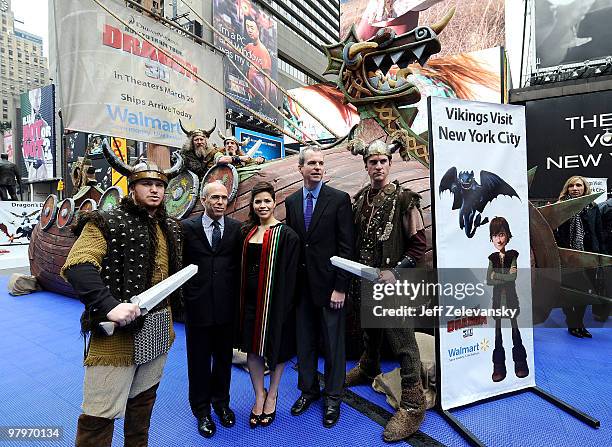 Flanked by Vikings, actress America Ferrera is joined by Gary Severson, Senior Vice-President of Entertainment, Walmart and DreamWorks CEO Jeffrey...