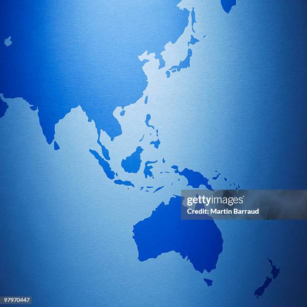 close up of australia and southeast asia on map - azië en pacifisch gebied stockfoto's en -beelden