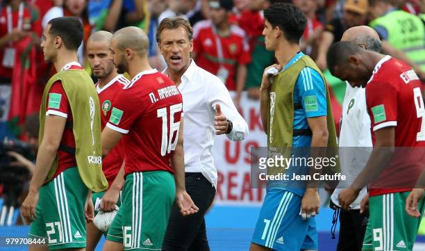 Coach of Morocco Herve Renard greets his players following the 2018 FIFA World Cup Russia group B match between Portugal and Morocco at Luzhniki...