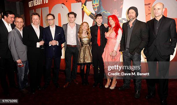 Matthew Vaughn, Aaron Johnson, Chloe Moretz, Christopher Mintz-Plasse, Jane Goldman, Brad Pitt and Mark Strong attend the premiere of "Kick Ass" at...