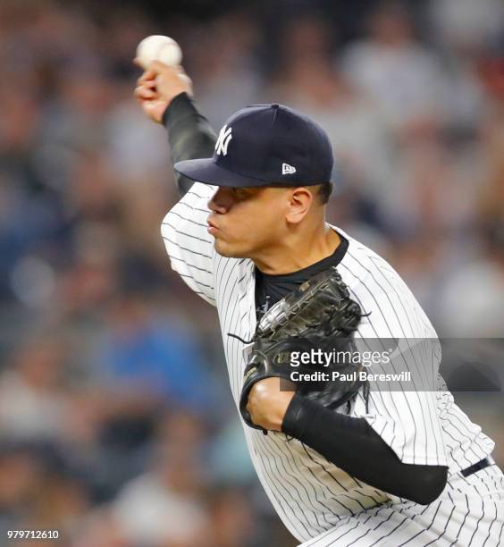 Pitcher Dellin Betances of the New York Yankees pitches in relief during an MLB baseball game against the Tampa Bay Rays on June 14, 2018 at Yankee...