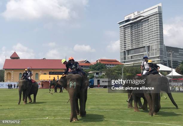March 2018, Thailand, Bangkok: Participants of the elephant polo tournament. A number of teams play at the tournament, which runs until 11 March...