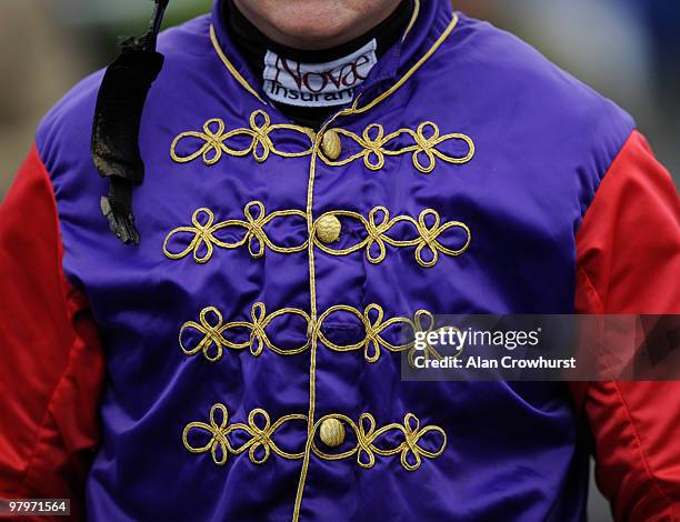 The racing colours of The Queen at Kempton Park racecourse on March 23, 2010 in Sunbury, England